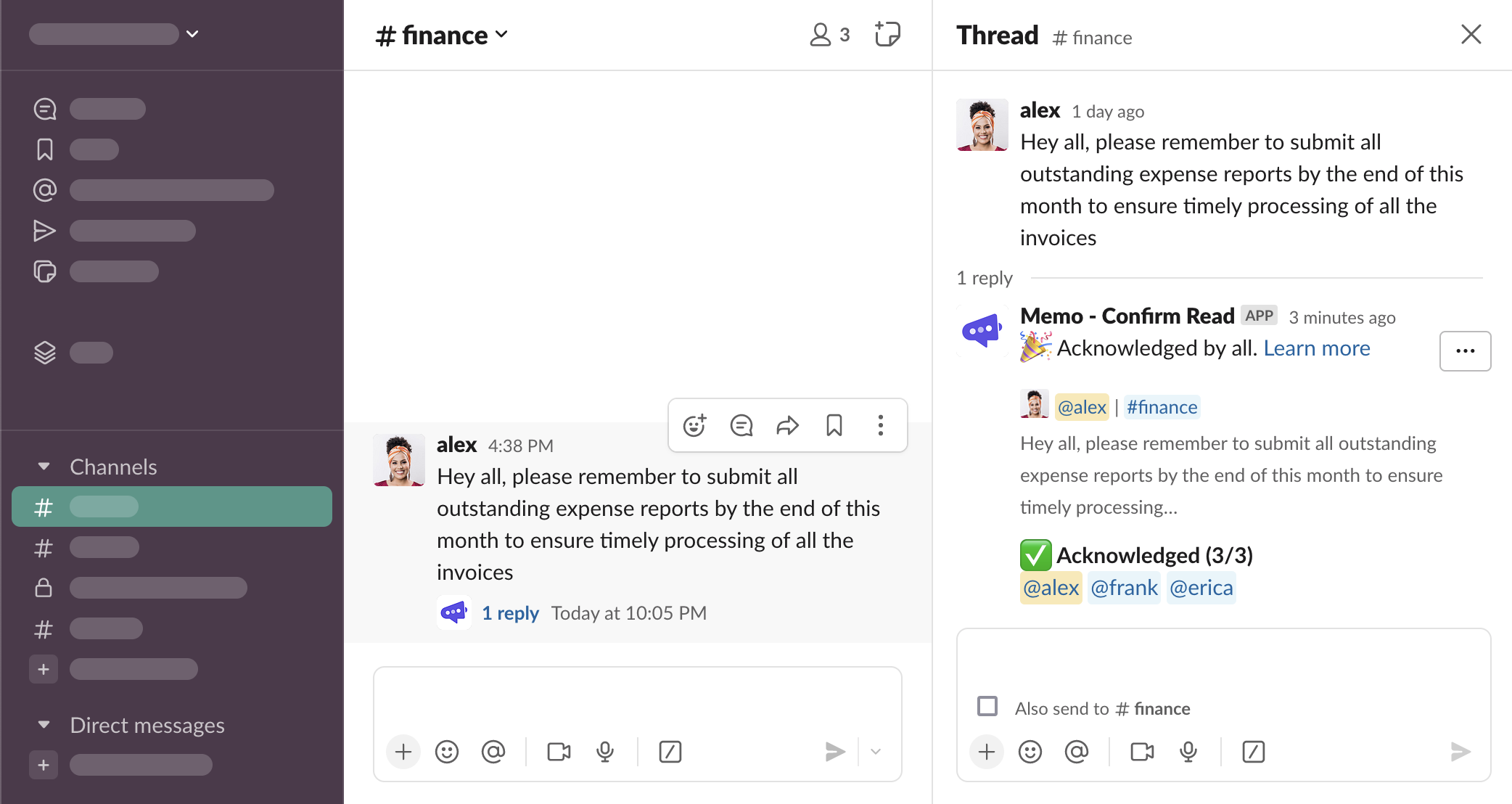 Overview thread message where everyone has saved their acknowledgement